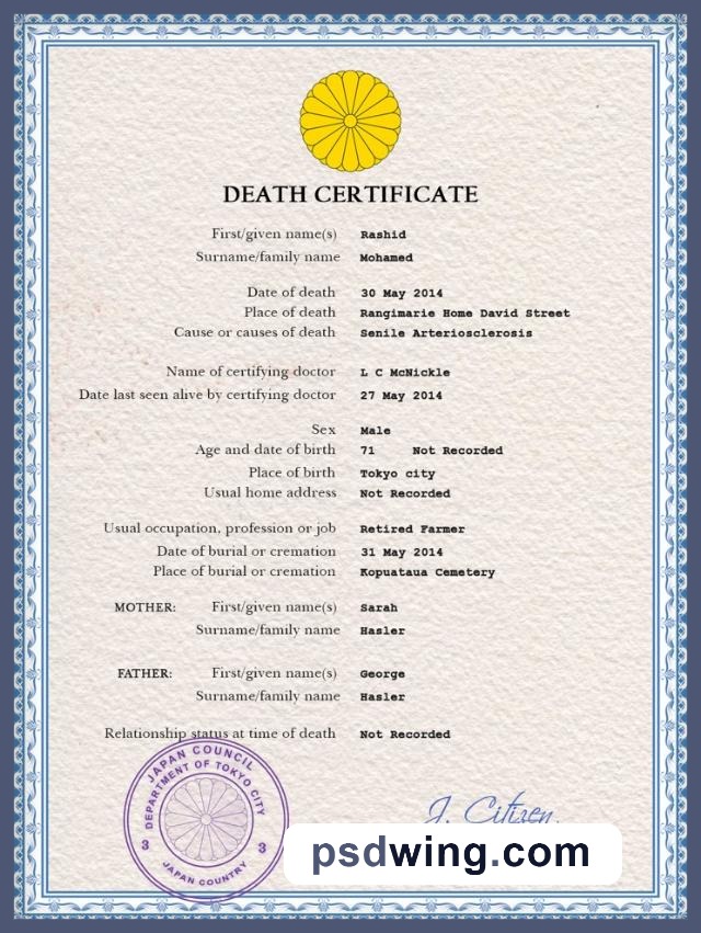 Japan Vital Record Death Certificate PSD Template
